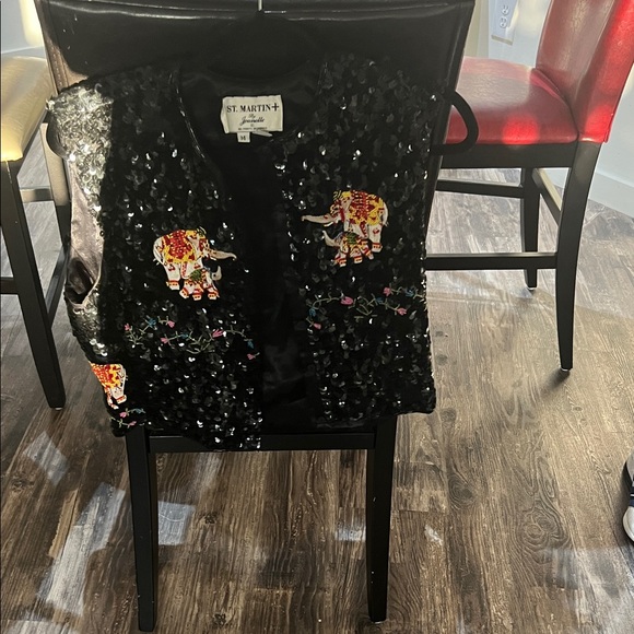 st matin by Jeanette Jackets & Blazers - Black Sequined Pea Coat with Elephant Embroidery